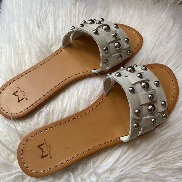 Marc Fisher Shoes - Marc Fisher Silver Studded White Flat Sandals Slip On Shoes Slides NWT 8.5